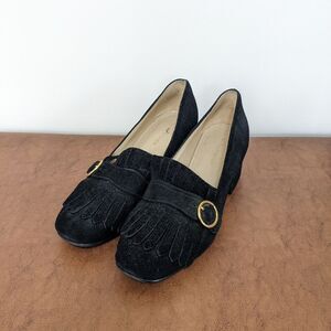 Marc Fisher Mabel Fringe Black Suede Leather Gold Buckle Block Heel Loafer Shoes